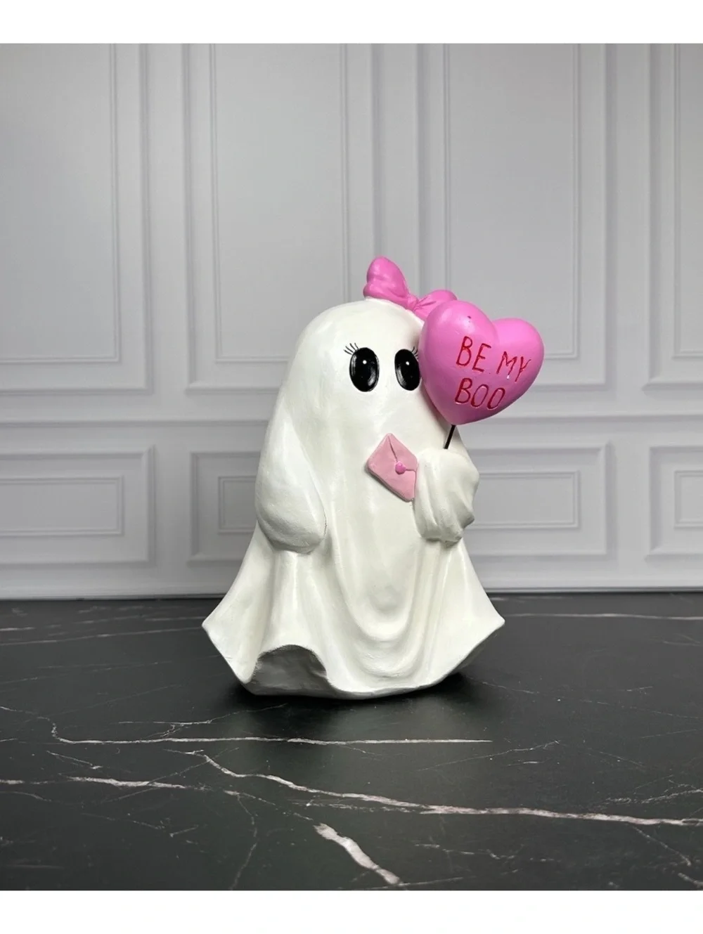 Cute Ghost Figurine Holding Pink Heart Balloon with 